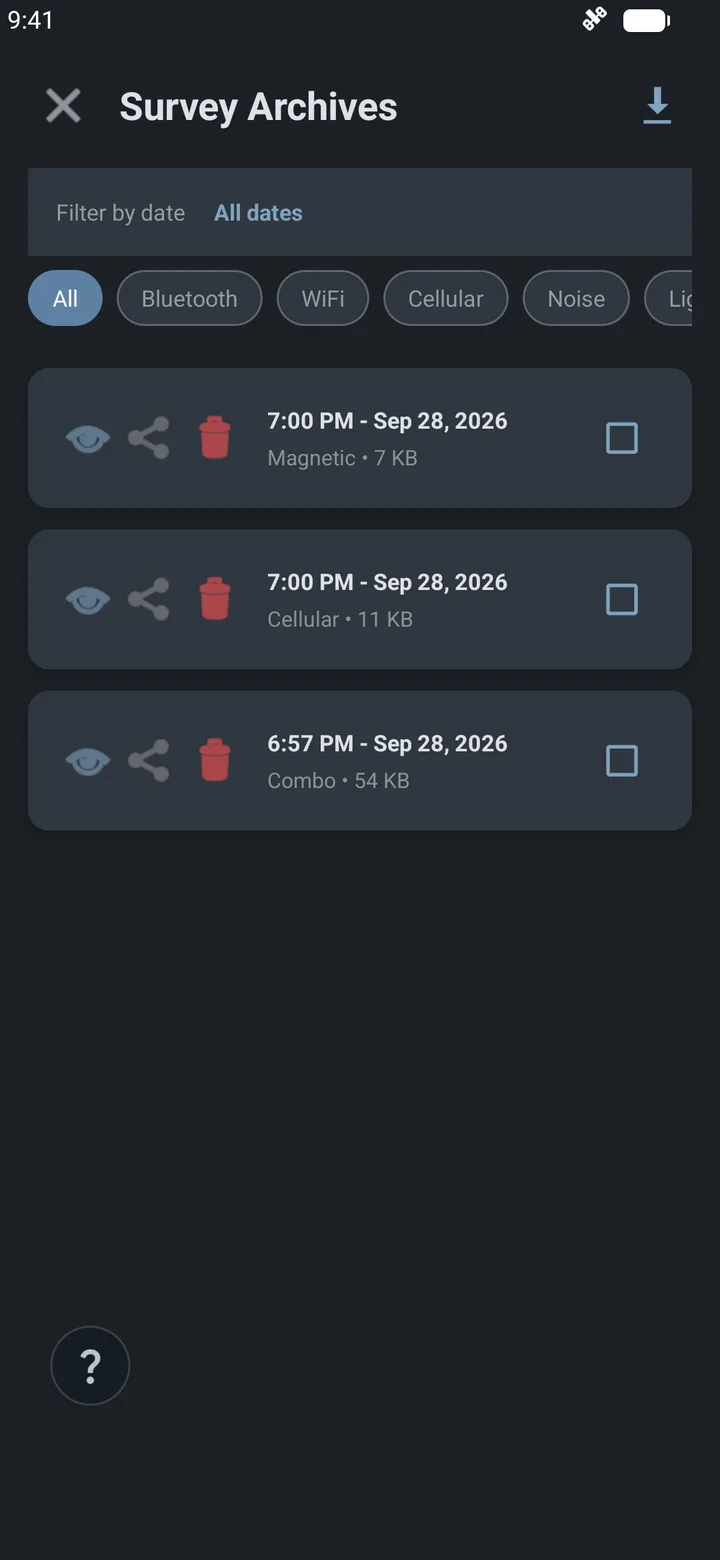 Cell Surveys Android app survey archive list with type filters