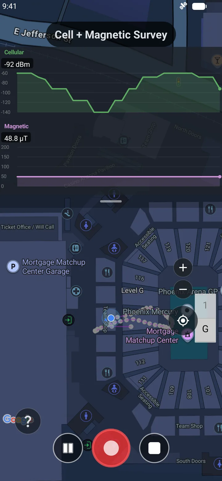 Cell Surveys Android app recording a survey with live signal charts and a map