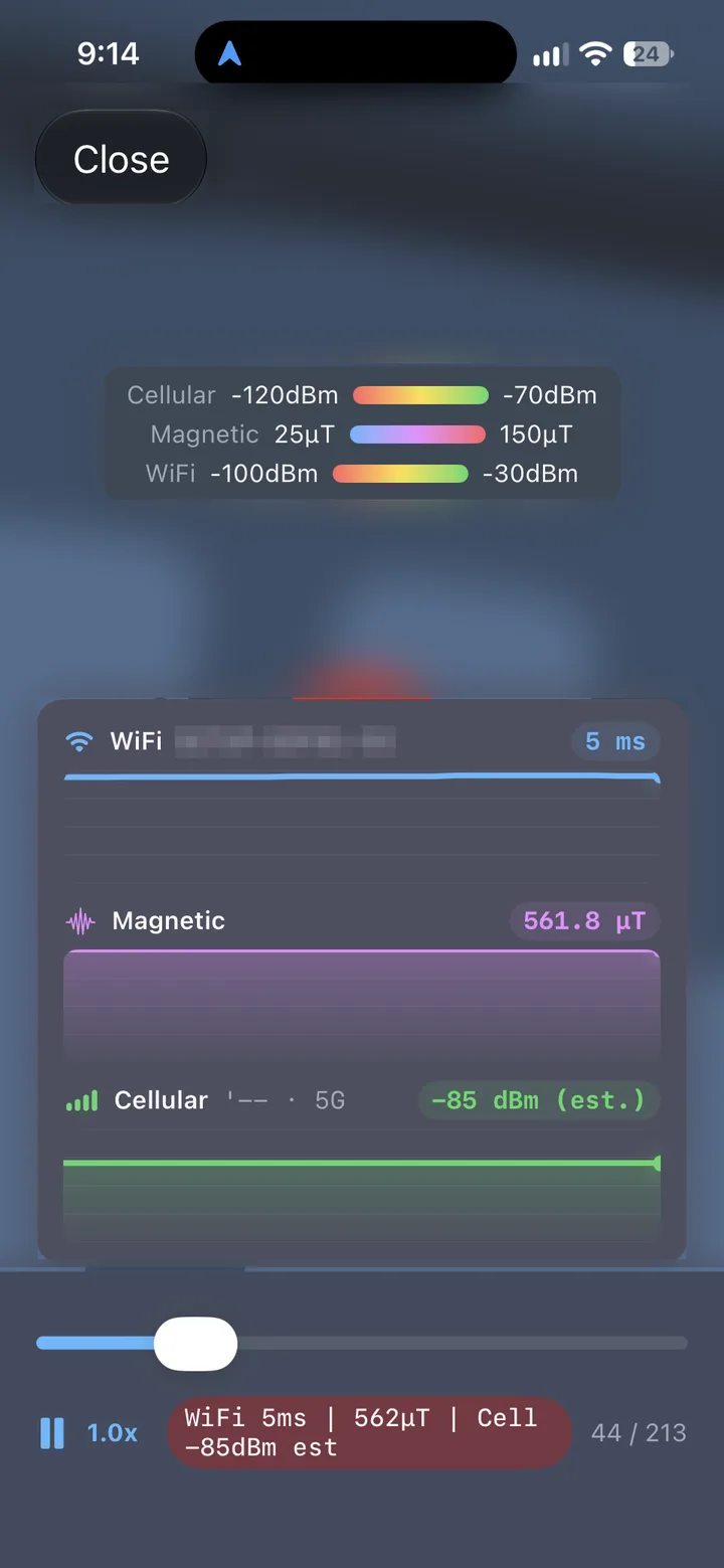 Cell Surveys iPhone app replaying a survey with a timeline scrubber and color-scale legends