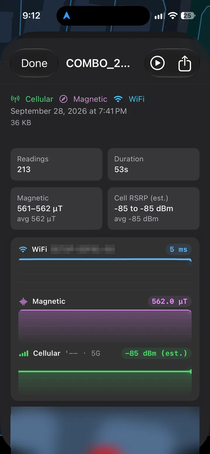 Cell Surveys iPhone app survey detail with reading count, duration, magnetic range, and estimated cellular RSRP